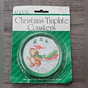 1989 Christmas Tinplate Coasters Set Of 6 Vintage Holiday Retro Decor